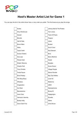 Host's Master Artist List for Game 1
