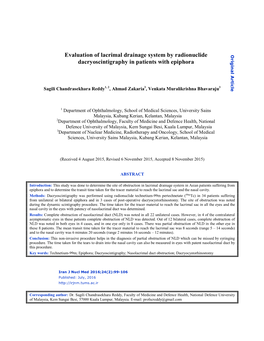 Evaluation of Lacrimal Drainage System by Radionuclide Original Article Dacryoscintigraphy in Patients with Epiphora