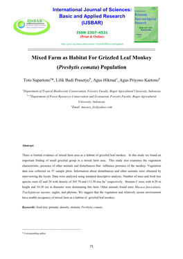 Mixed Farm As Habitat for Grizzled Leaf Monkey (Presbytis Comata) Population