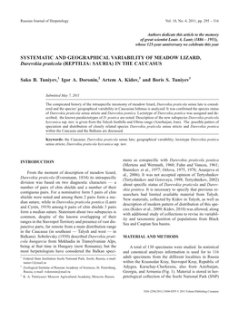 SYSTEMATIC and GEOGRAPHICAL VARIABILITY of MEADOW LIZARD, Darevskia Praticola (REPTILIA: SAURIA) in the CAUCASUS