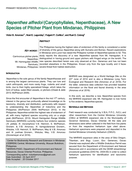 Nepenthes Alfredoi (Caryophyllales, Nepenthaceae), a New Species of Pitcher Plant from Mindanao, Philippines