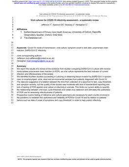 Viral Cultures for COVID-19 Infectivity Assessment