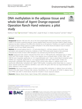 DNA Methylation in the Adipose Tissue and Whole Blood of Agent Orange-Exposed Operation Ranch Hand Veterans: a Pilot Study Matthew R