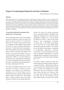 Origin of Archaeological Research Activities in Pakistan