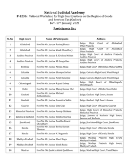 National Workshop for High Court Justices on the Regime of Goods and Services Tax (Online) 16Th -17Th January, 2021