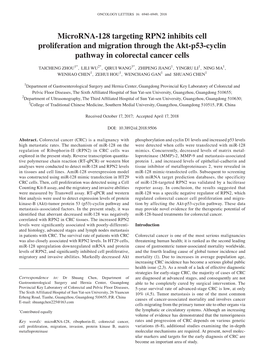 Microrna‑128 Targeting RPN2 Inhibits Cell Proliferation and Migration Through the Akt‑P53‑Cyclin Pathway in Colorectal Cancer Cells