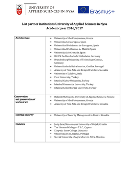 List Partner Institutions University of Applied Sciences in Nysa Academic Year 2016/2017