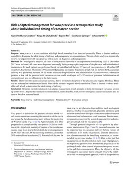 Risk-Adapted Management for Vasa Praevia: a Retrospective Study About