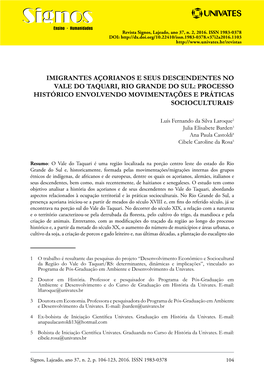 Imigrantes Açorianos E Seus Descendentes No Vale Do Taquari, Rio Grande Do Sul: Processo Histórico Envolvendo Movimentações E Práticas Socioculturais1