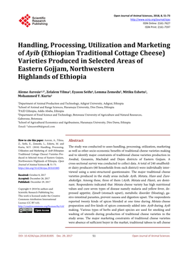 (Ethiopian Traditional Cottage Cheese) Varieties Produced in Selected Areas of Eastern Gojjam, Northwestern Highlands of Ethiopia