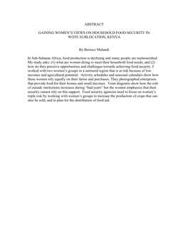 ABSTRACT GAINING WOMEN's VIEWS on HOUSEHOLD FOOD SECURITY in WOTE SUBLOCATION, KENYA by Bernice Mulandi in Sub-Saharan Africa