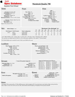 Macintosh Quadra 700 System Fact Sheet SYSTEM POWER PORTS ADB: 2 Introduced: October 1991 Max