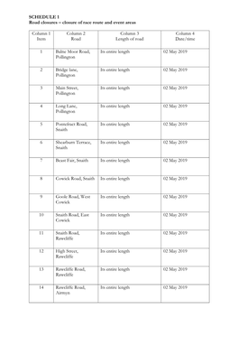 SCHEDULE 1 Road Closures – Closure of Race Route and Event Areas