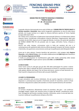 GRAND PRIX FIE FIORETTO MASCHILE E FEMMINILE “TROFEO INALPI” 27 - 28 - 29 Novembre 2015 Torino