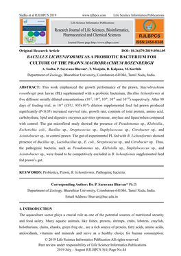 Bacillus Licheniformis As a Probiotic Bacterium for Culture of the Prawn Macrobrachium Rosenbergii A