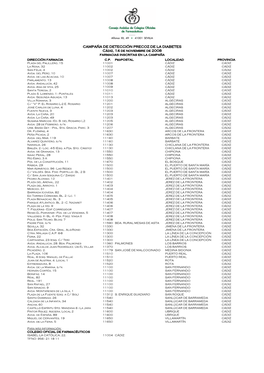 Cádiz, 14 De Noviembre De 2008 Farmacias Inscritas En La Campaña DIRECCIÓN FARMACIA C.P