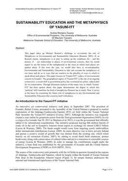 Sustainability Education and the Metaphysics of Yasuní-ITT Author Names: Andres Montalvo Suarez and Dr Maurizio Toscano Contact Email: M.Toscano@Unimelb.Edu.Au