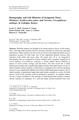 Demography and Life Histories of Sympatric Patas Monkeys, Erythrocebus Patas, and Vervets, Cercopithecus Aethiops, in Laikipia, Kenya