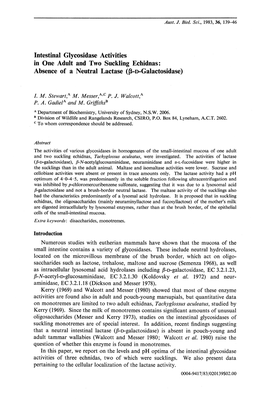 Intestinal Glycosidase Activities in One Adult and Two Suckling Echidnas: Absence of a Neutral Lactase «(3-D-Galactosidase)