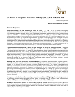 Las Noticias De La República Democrática Del Congo (RDC) [16-09-2018/30-09-2018]