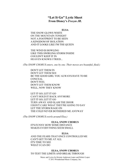 Let It Go” Lyric Sheet from Disney's Frozen JR