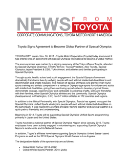 Toyota Signs Agreement to Become Global Partner of Special Olympics