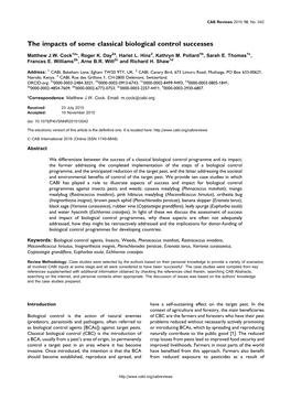 The Impacts of Some Classical Biological Control Successes, Cock M. Et Al., CAB Reviews 2015 10