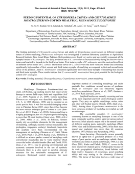 Feeding Potential of Chrysoperla Carnea and Cryptolaemus Montrouzieri on Cotton Mealybug, Phenacoccus Solenopsis