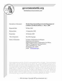 Weekly Departmental Reports for the Department of Commerce Produced January 1 - May 1, 2009