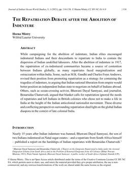 The Repatriation Debate After the Abolition of Indenture