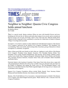 Neighbor to Neighbor: Queens Civic Congress Holds Annual Luncheon by Barbara Morris 04/17/2008