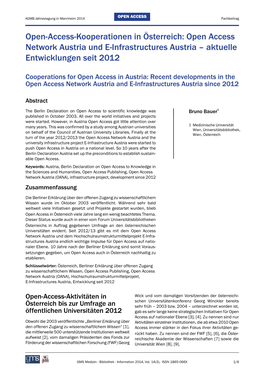 Open Access Network Austria Und E-Infrastructures Austria – Aktuelle Entwicklungen Seit 2012