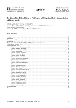 Revision of the Fijian Chimarra (Trichoptera, Philopotamidae) with Description of 24 New Species