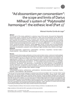 The Scope and Limits of Darius Milhaud´S System of “Polytonalité Harmonique”: the Esthesic Level (Part 2)*