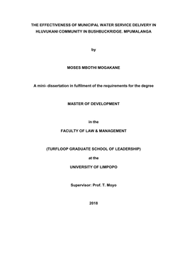 The Effectiveness of Municipal Water Service Delivery in Hluvukani Community in Bushbuckridge