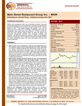 Main Street Restaurant Group Inc. – MAIN Embarking on a Growth Phase – Initiating Coverage with a BUY