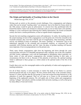 The Origin and Spirituality of Teaching Orders in the Church.” AXIS: Journal of Lasallian Higher Education 4, No