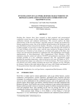 Investigation of Gas Swirl Burner Characteristic on Biomass Gasification System Using Combustion Unit Equipment (Cue)