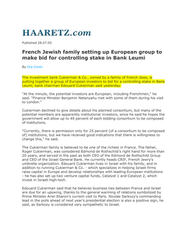 French Jewish Family Setting up European Group to Make Bid for Controlling Stake in Bank Leumi