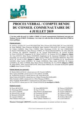 Proces Verbal / Compte Rendu Du Conseil Communautaire Du 4 Juillet 2019