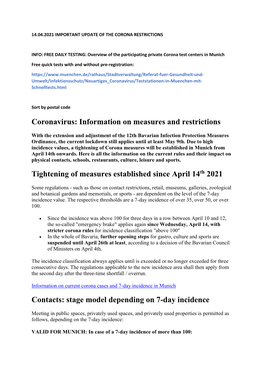 Coronavirus: Information on Measures and Restrictions Tightening of Measures Established Since April 14Th 2021 Contacts: Stage M