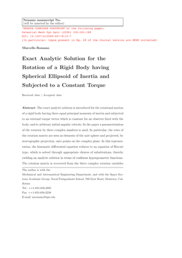 Exact Analytic Solution for the Rotation of a Rigid Body Having Spherical Ellipsoid of Inertia and Subjected to a Constant Torque