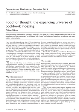 Food for Thought: the Expanding Universe of Cookbook Indexing Gillian Watts C5 Culinary Indexers’ Reference Sources Catherine Sassen