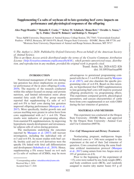 Supplementing Ca Salts of Soybean Oil to Late-Gestating Beef Cows: Impacts on Performance and Physiological Responses of the Offspring