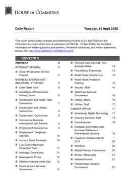 Daily Report Tuesday, 21 April 2020 CONTENTS