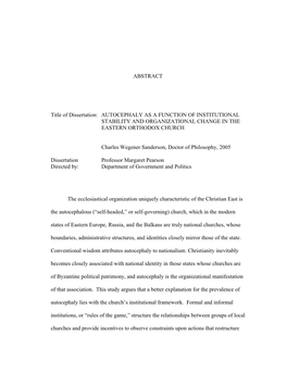 Autocephaly As a Function of Institutional Stability and Organizational Change in the Eastern Orthodox Church