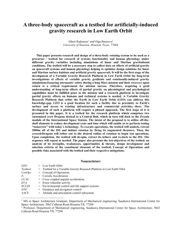 A Three-Body Spacecraft As a Testbed for Artificially-Induced Gravity Research in Low Earth Orbit