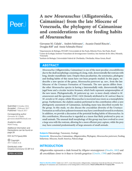 Alligatoroidea, Caimaninae) from the Late Miocene of Venezuela, the Phylogeny of Caimaninae and Considerations on the Feeding Habits of Mourasuchus