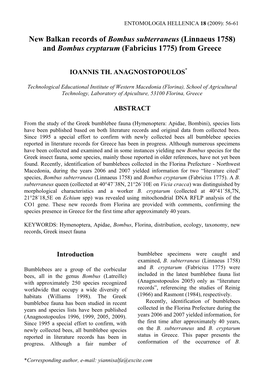 (Linnaeus 1758) and Bombus Cryptarum (Fabricius 1775) from Greece