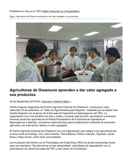 Agricultoras De Oreamuno Aprenden a Dar Valor Agregado a Sus Productos